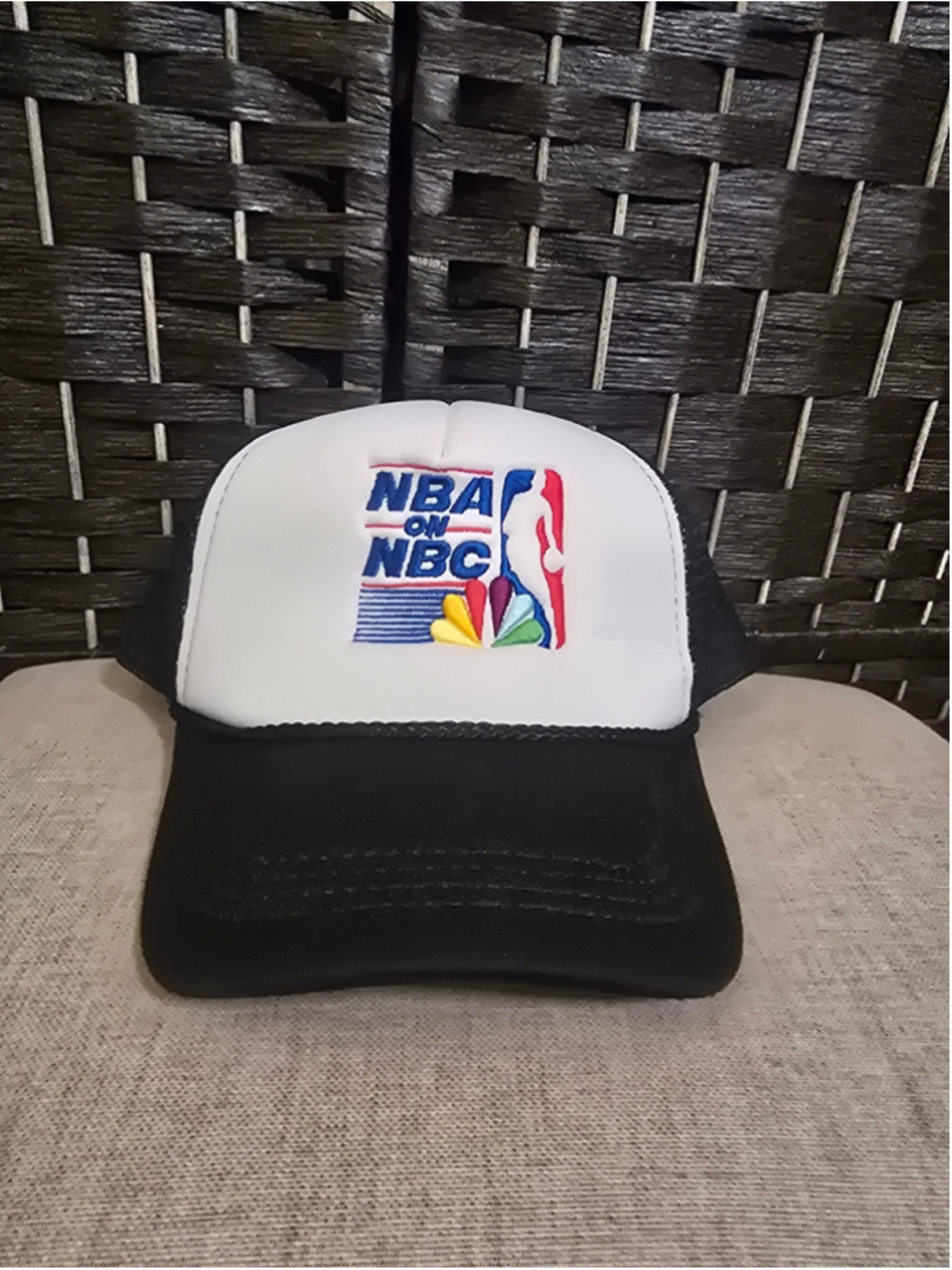 Vintage 90s NBA on NBC Foam Trucker Hat Snapback Mesh Broadcast Cap White Black